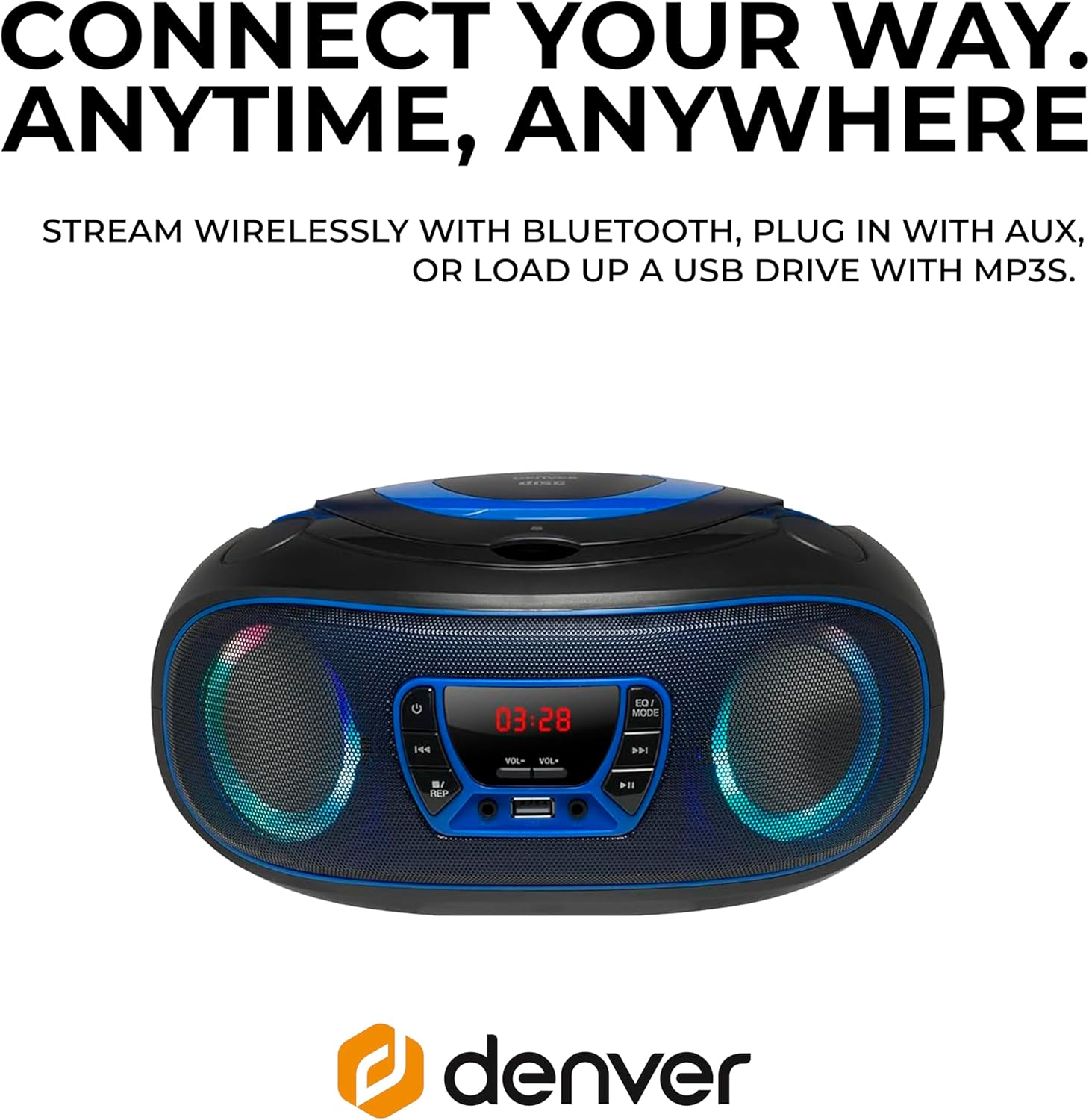 Une boombox portable noire avec des accents bleus et des lumières colorées.