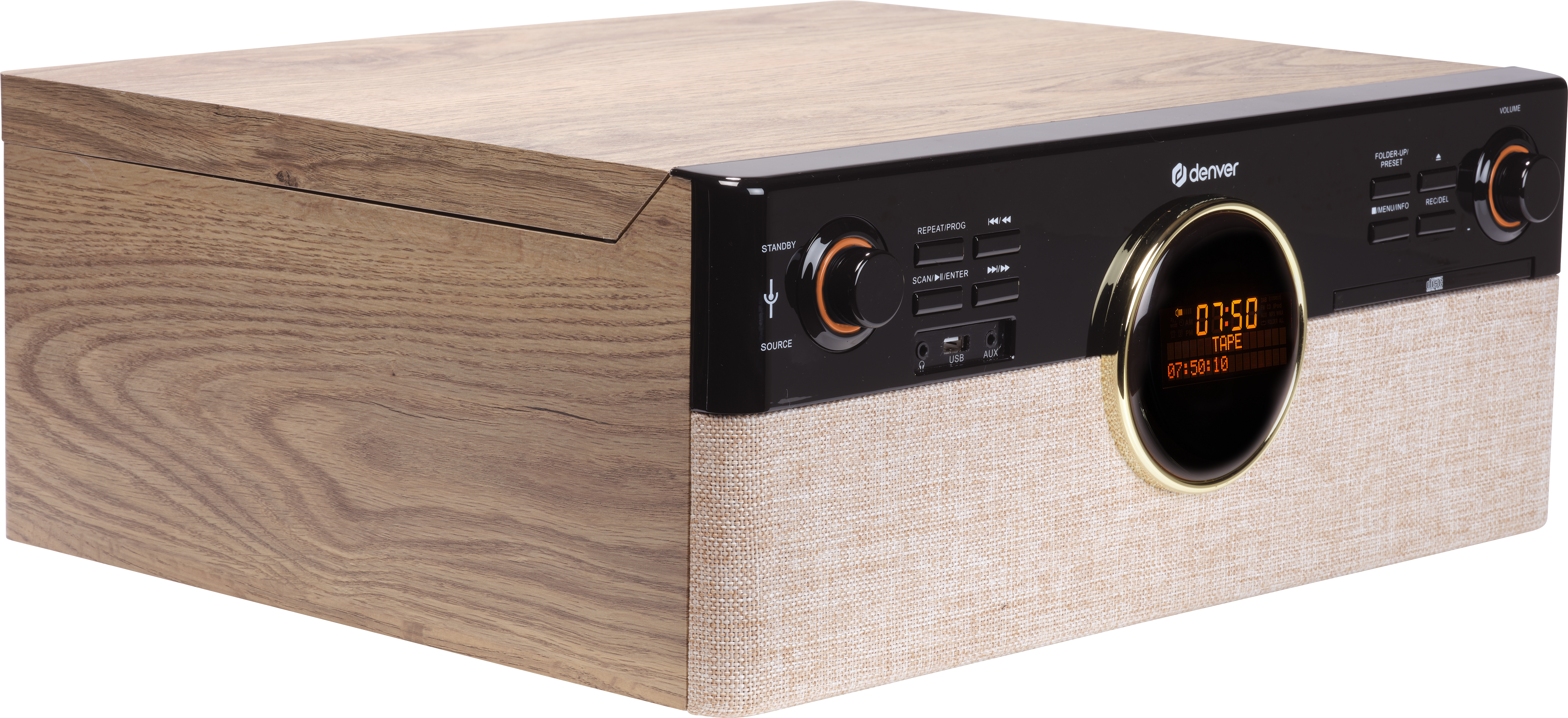Une radio numérique en bois avec façade en tissu, écran et commandes.
