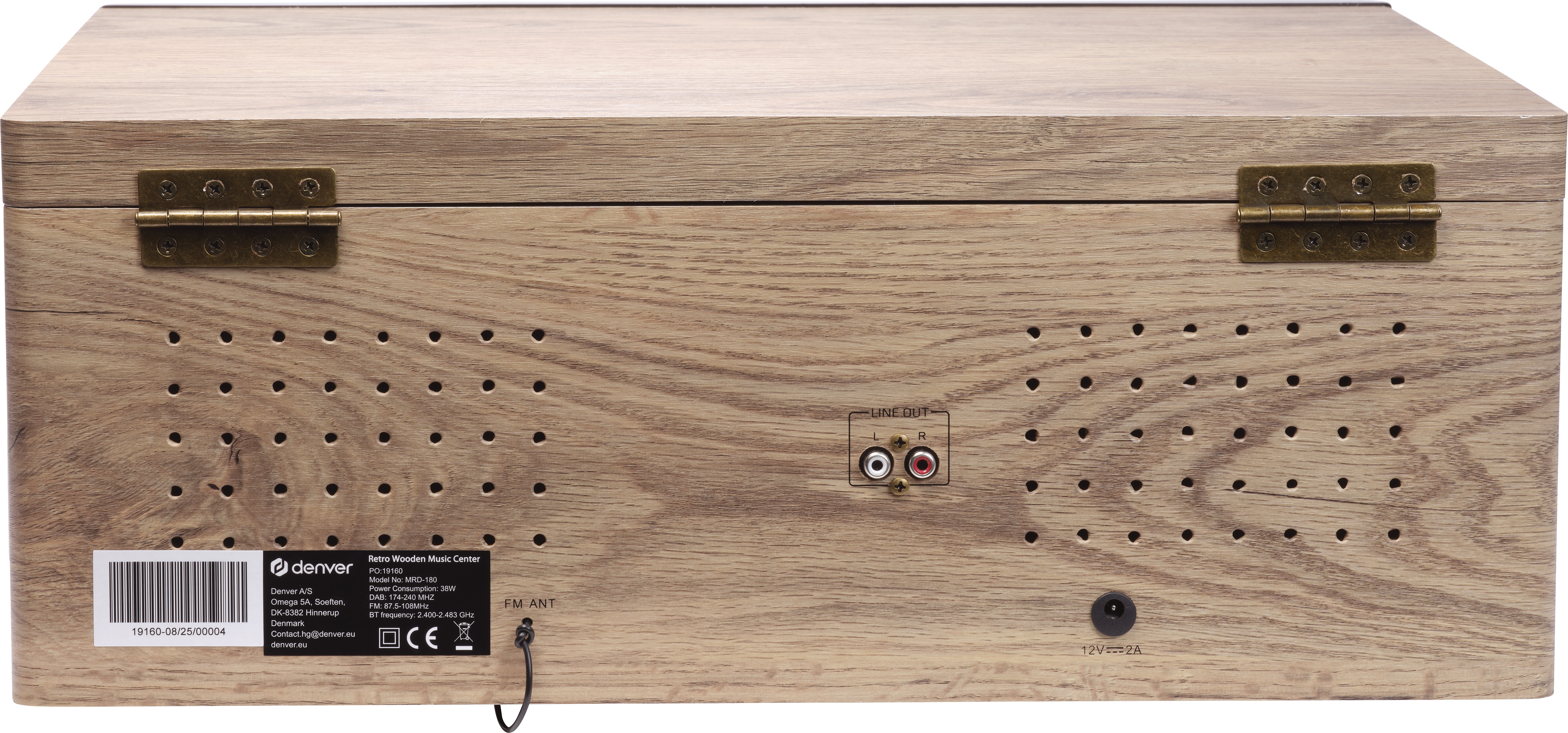 Vue arrière d'un centre de musique en bois avec ports et trous de ventilation.
