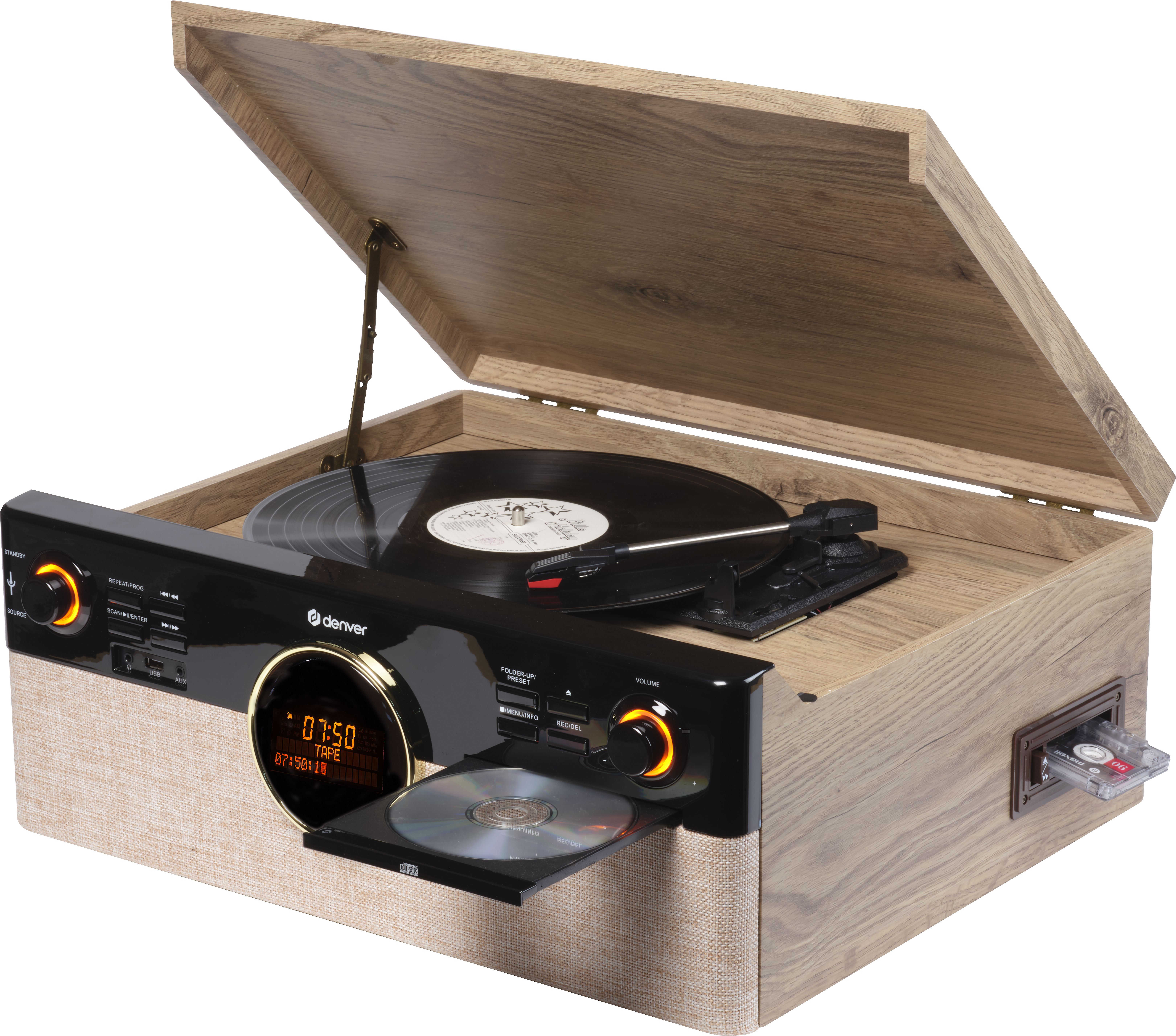 Tourne-disque avec tiroir CD, cassette et écran numérique.