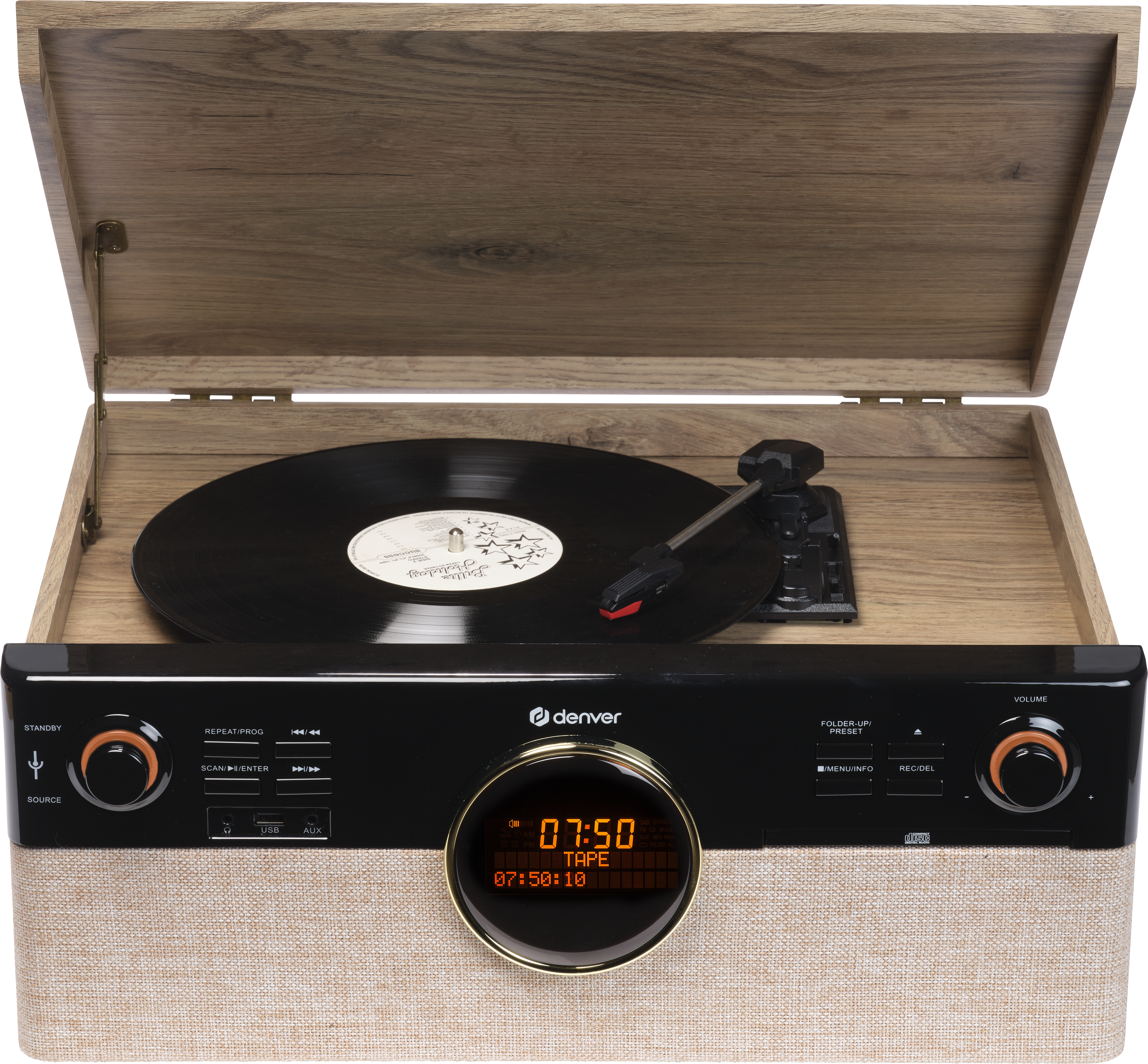 Un tourne-disque avec un disque vinyle dessus et son couvercle ouvert.