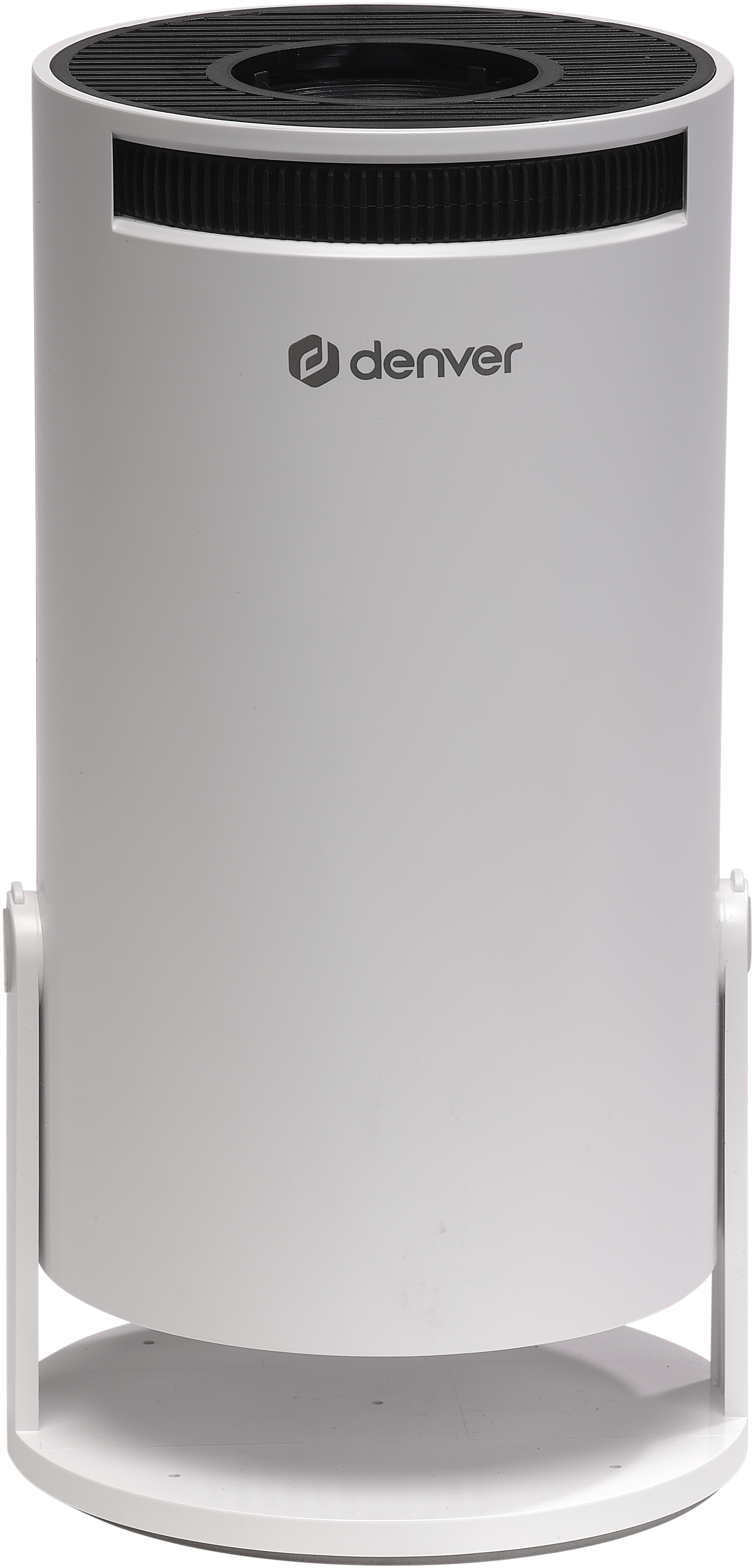 Ein weißer Denver Luftreiniger mit schwarzem Gitter oben und silbernem Logo.