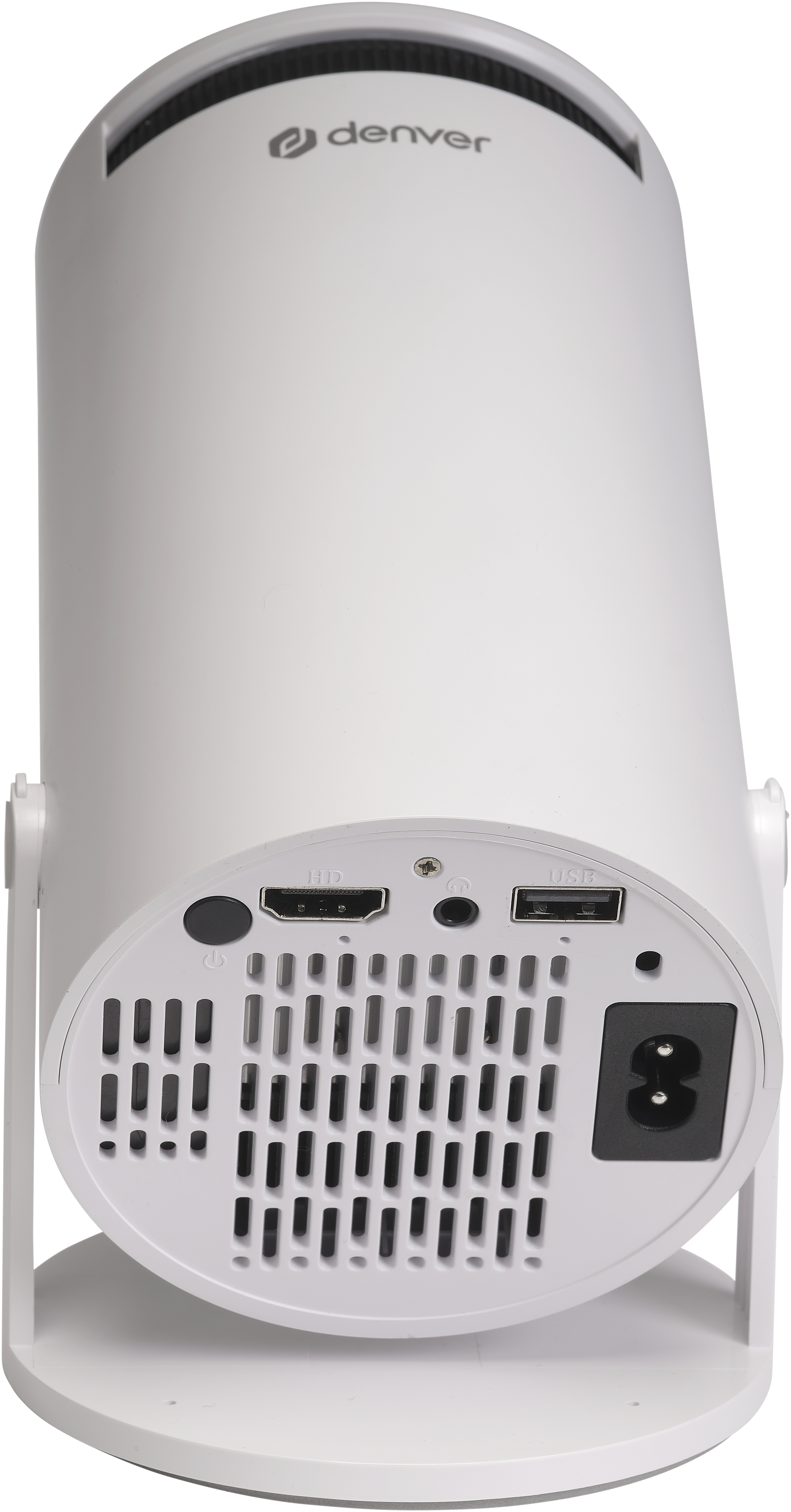 Weiße Denver Projektor-Rückseite mit Anschlüssen: HDMI, USB, Strom.