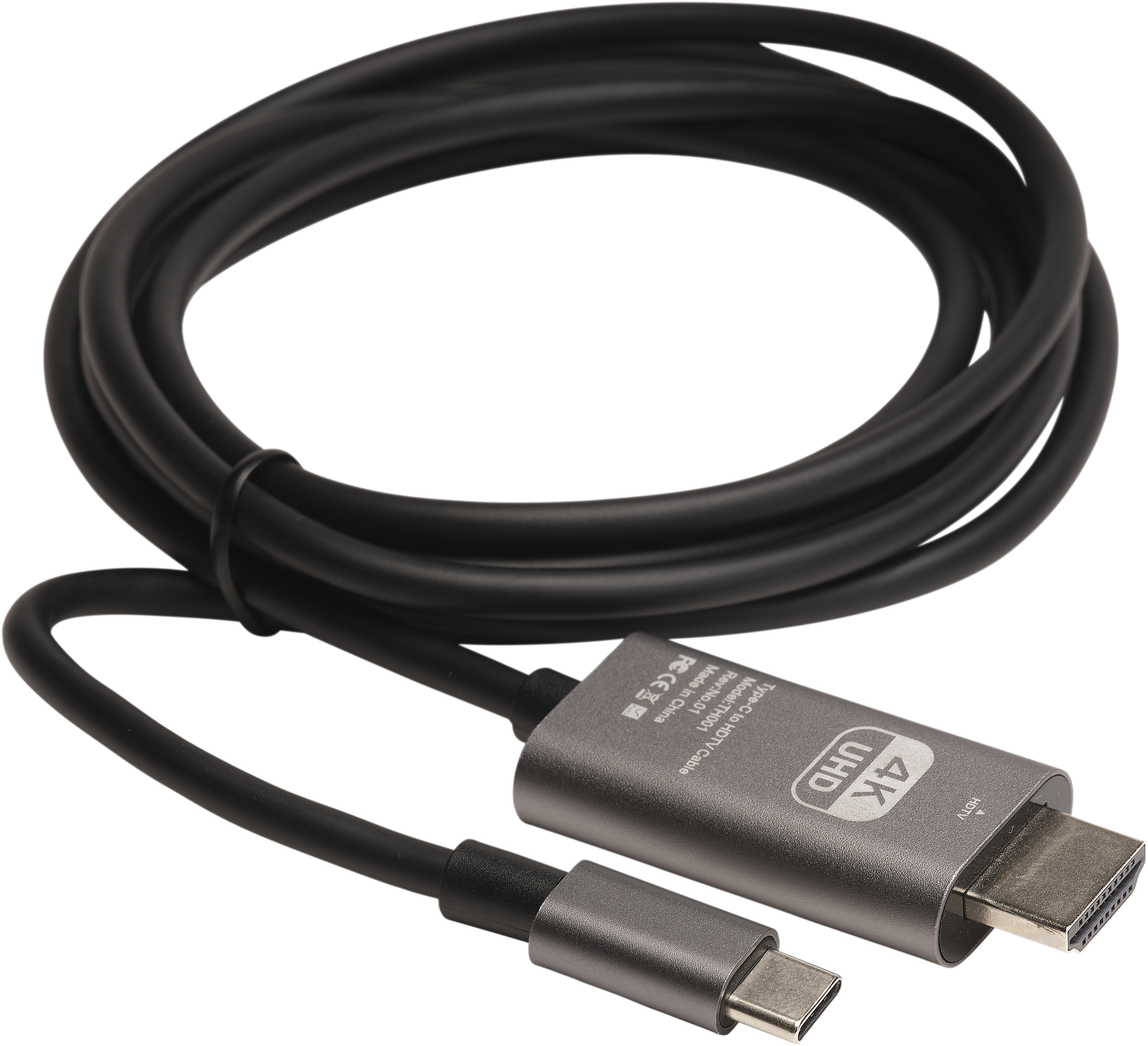 Schwarzes USB-C-zu-HDMI-Kabel mit 4K UHD-Unterstützung und silbernen Anschlüssen.