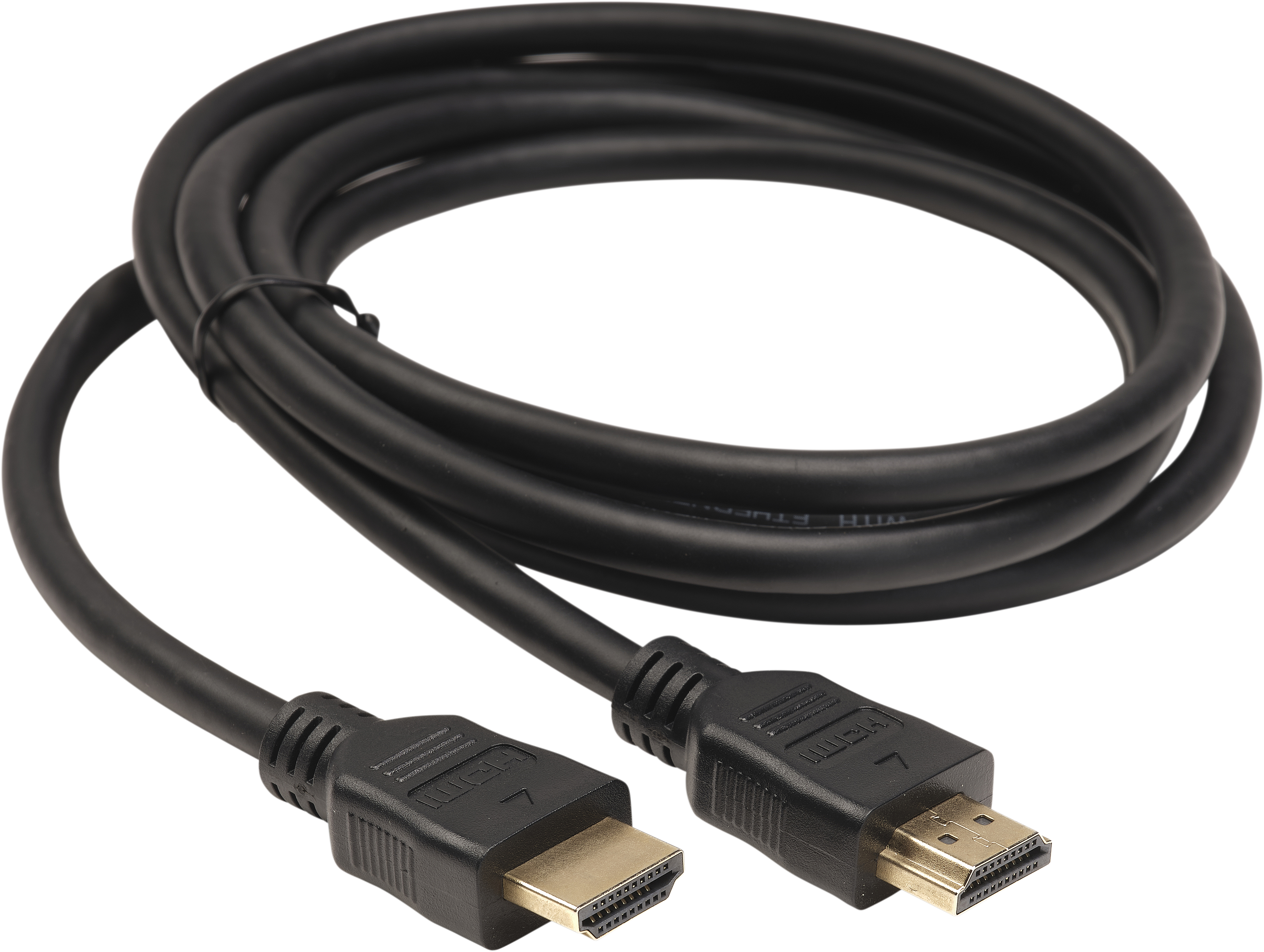 Ein schwarzes HDMI-Kabel mit goldenen Anschlüssen, aufgewickelt.