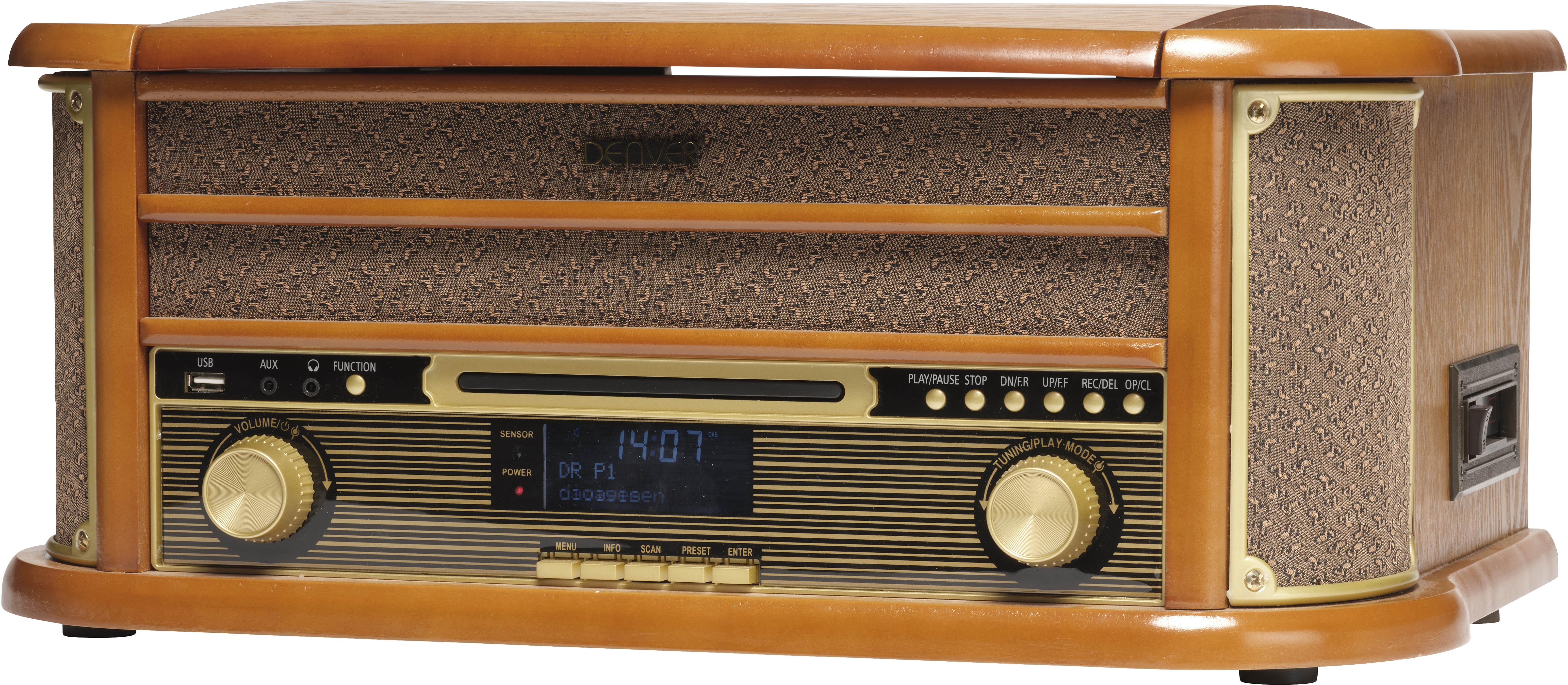 Radio in legno con lettore CD, USB, AUX e manopola volume.