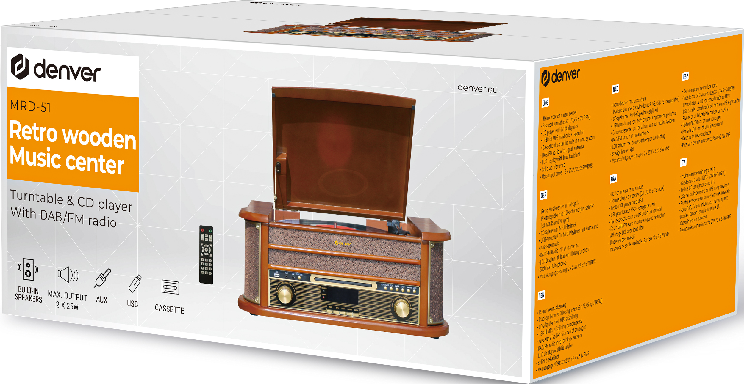 Impianto musicale retrò in legno con giradischi, CD, USB, cassetta e radio DAB/FM.