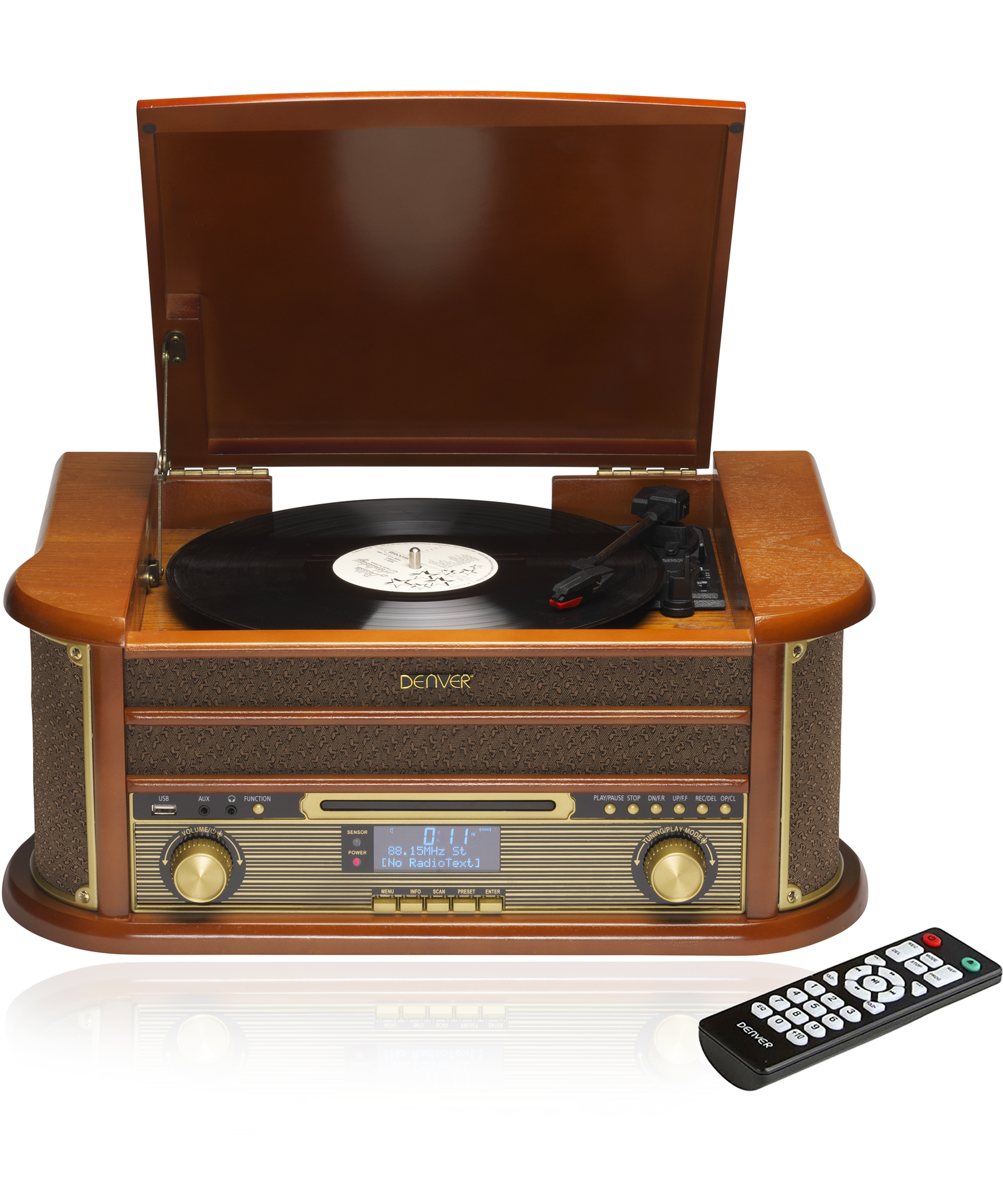 Un giradischi marrone con coperchio aperto, un disco in vinile e un telecomando.