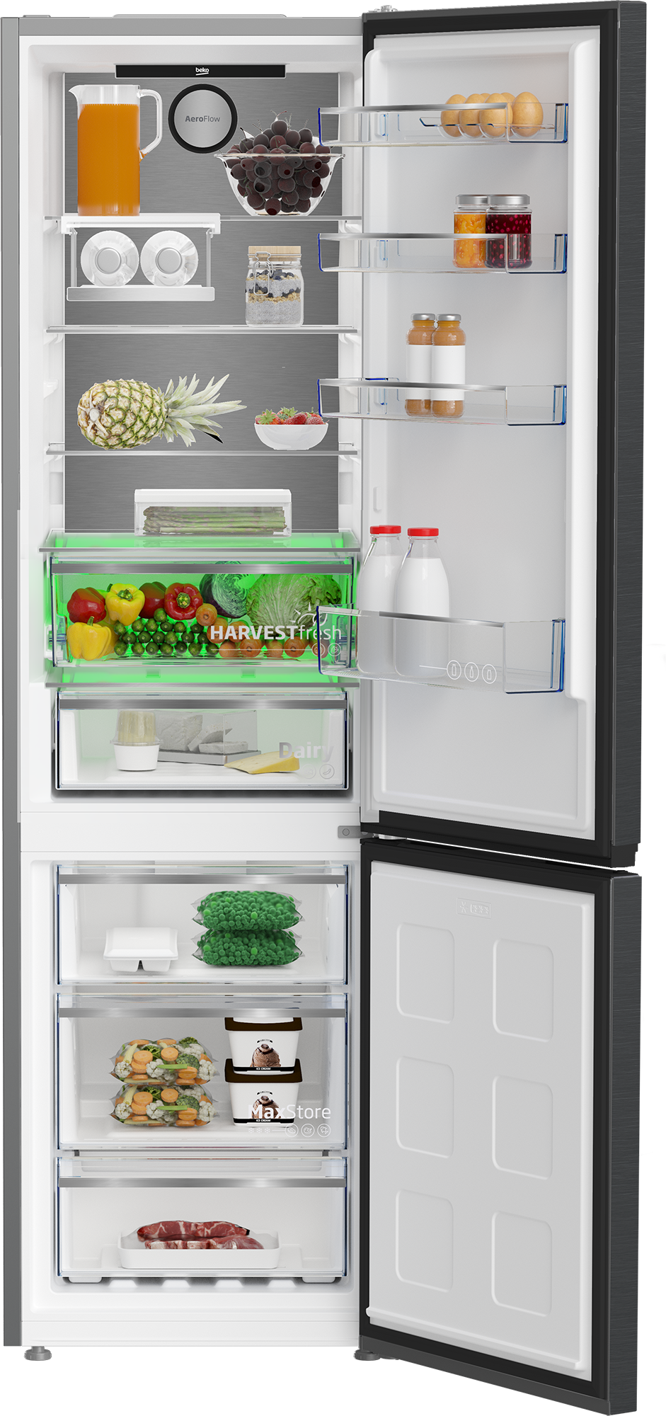 Otwarta lodówka z jedzeniem: sok, winogrona, jajka, warzywa, nabiał, lody i mięso.