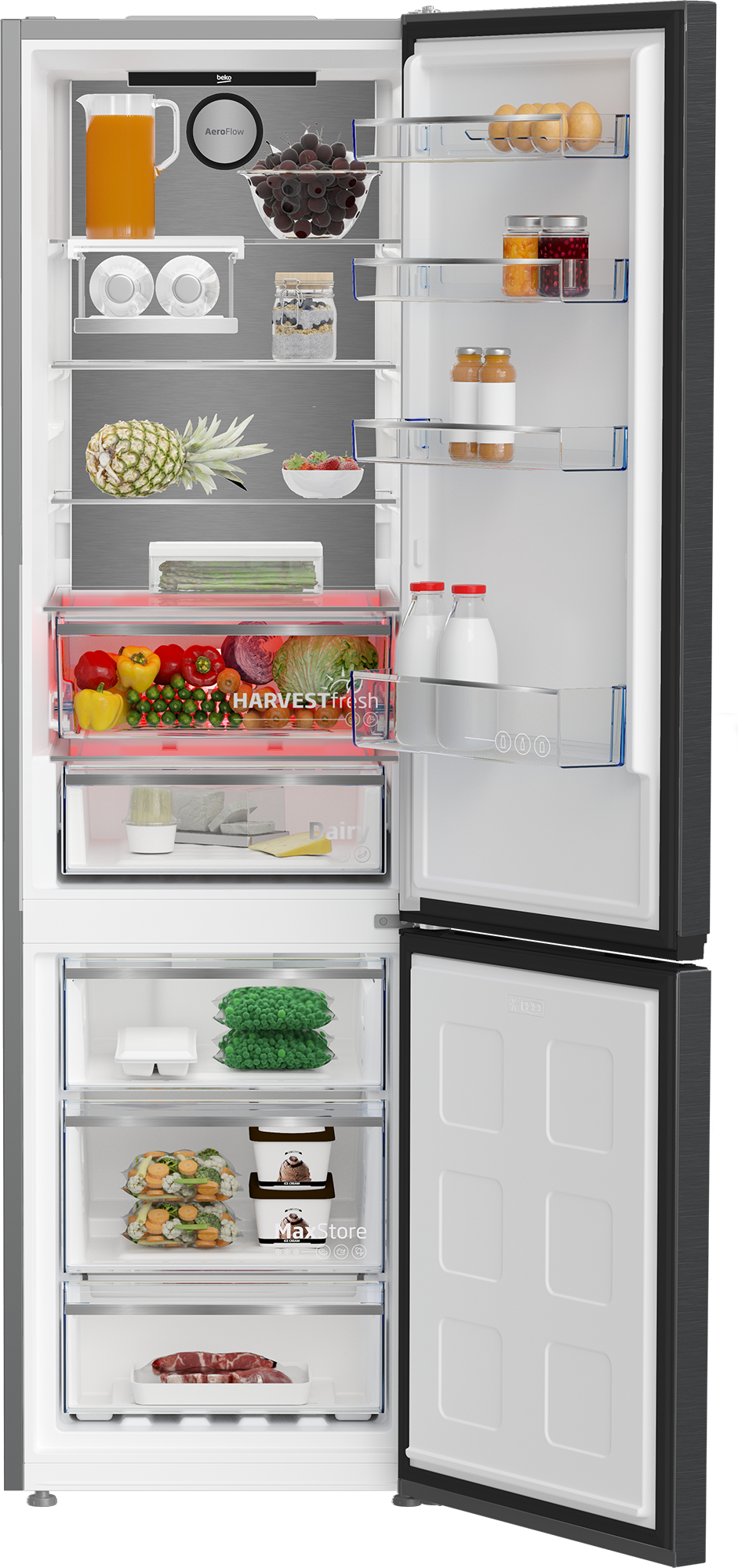 Otwarta lodówka wypełniona jedzeniem: sok, jagody, jajka, warzywa, lody.