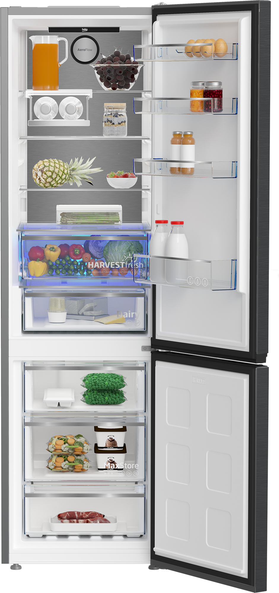 Otwarta lodówka z jedzeniem: sok, jagody, owoce, warzywa, jajka, mleko, lody.