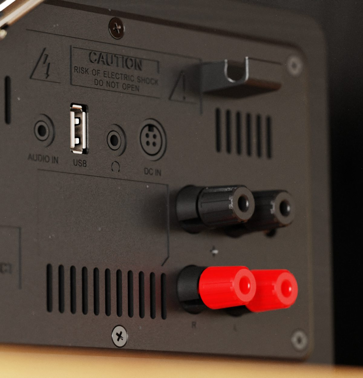 Pannello posteriore apparecchiatura audio con porte: USB, Audio In, DC In e terminali altoparlanti.