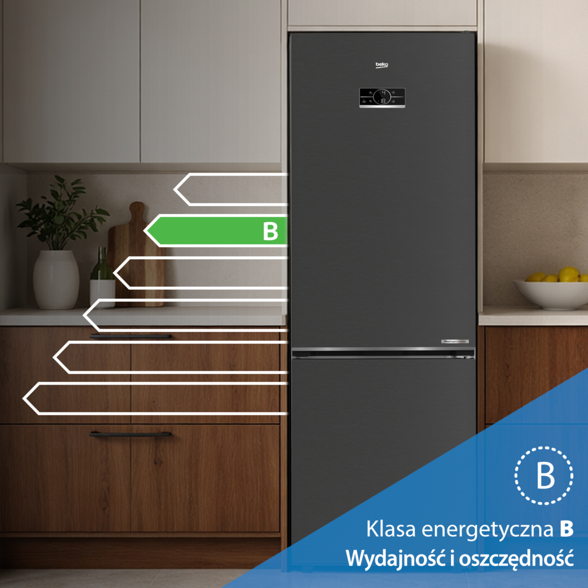 Nowoczesna czarna lodówka w stylowej kuchni, z klasą efektywności energetycznej B.
