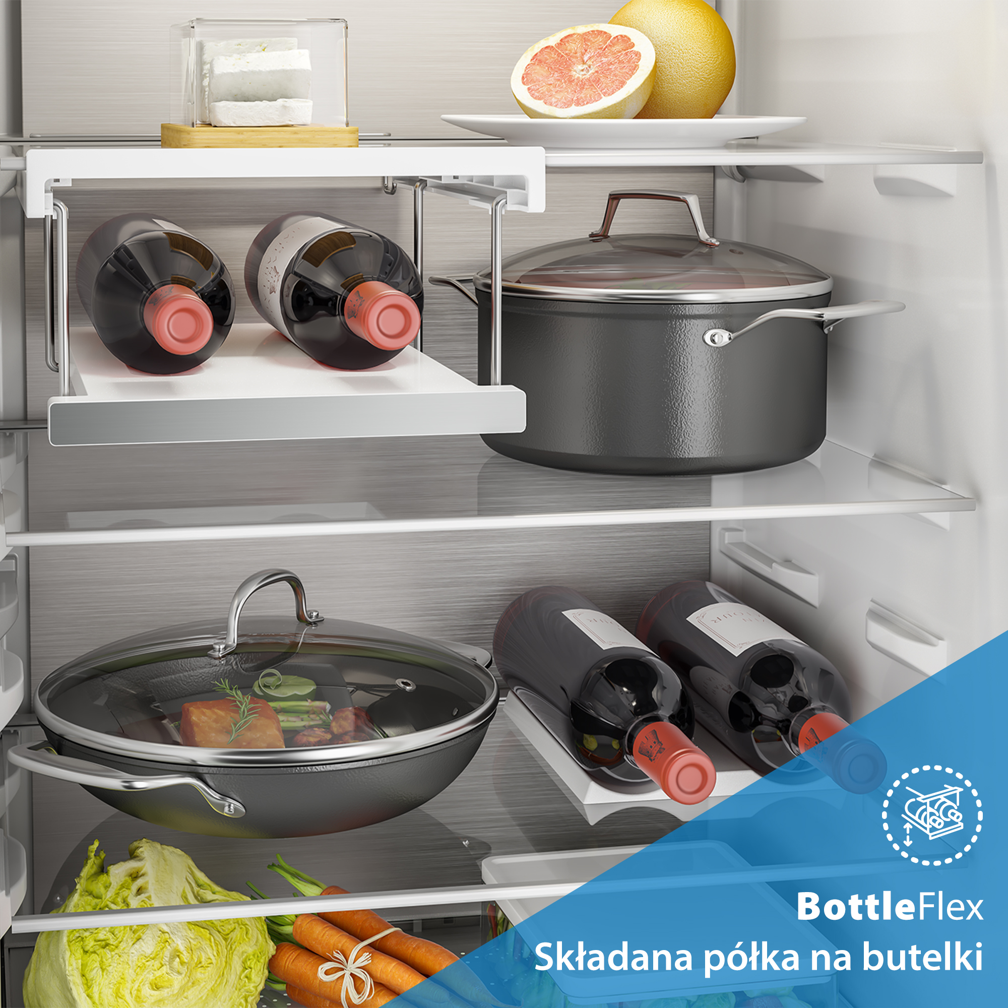 Wnętrze lodówki z butelkami wina, garnkiem, jedzeniem i warzywami.