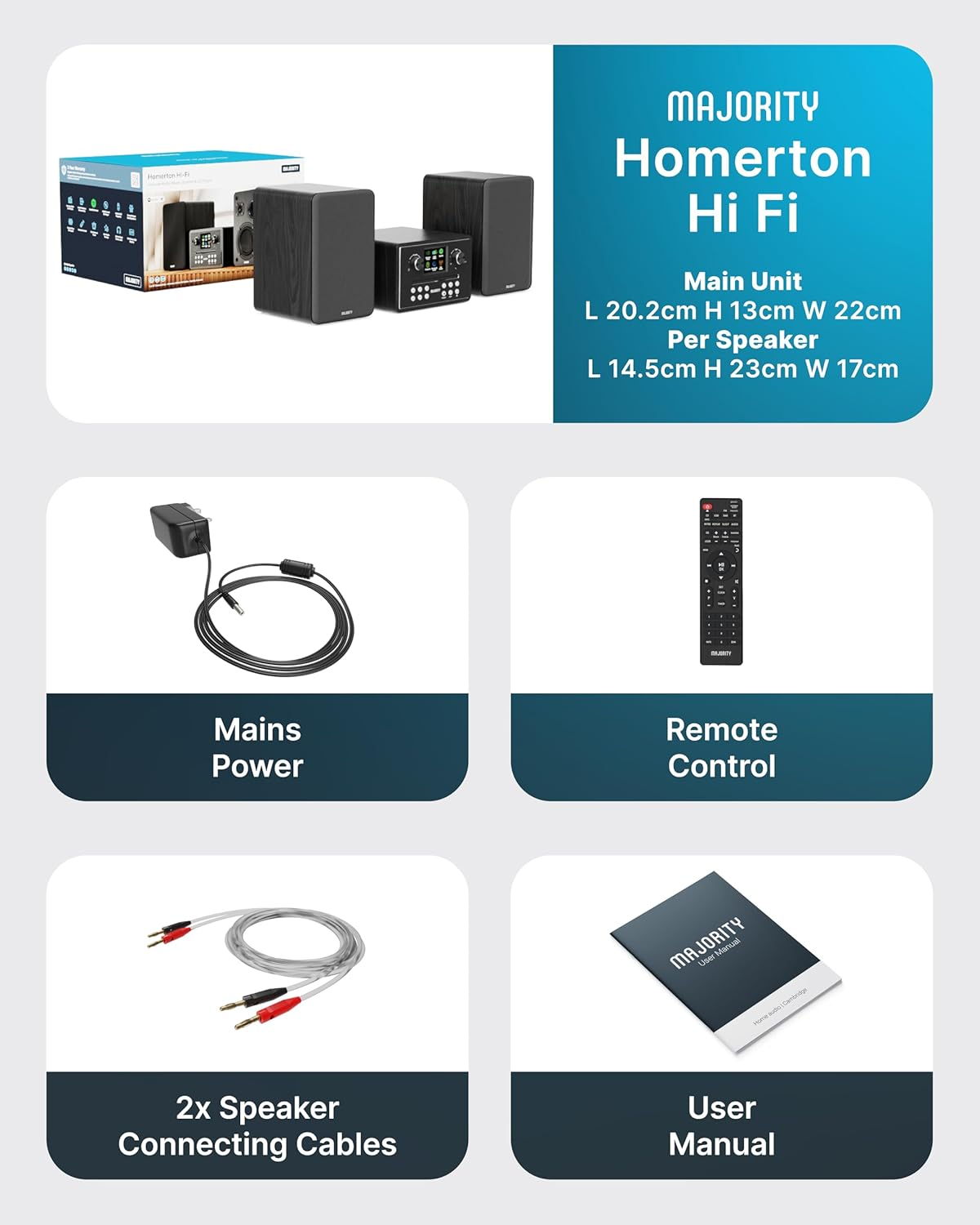Set Hi-Fi Majority Homerton con altoparlanti, alimentazione, telecomando e manuale.