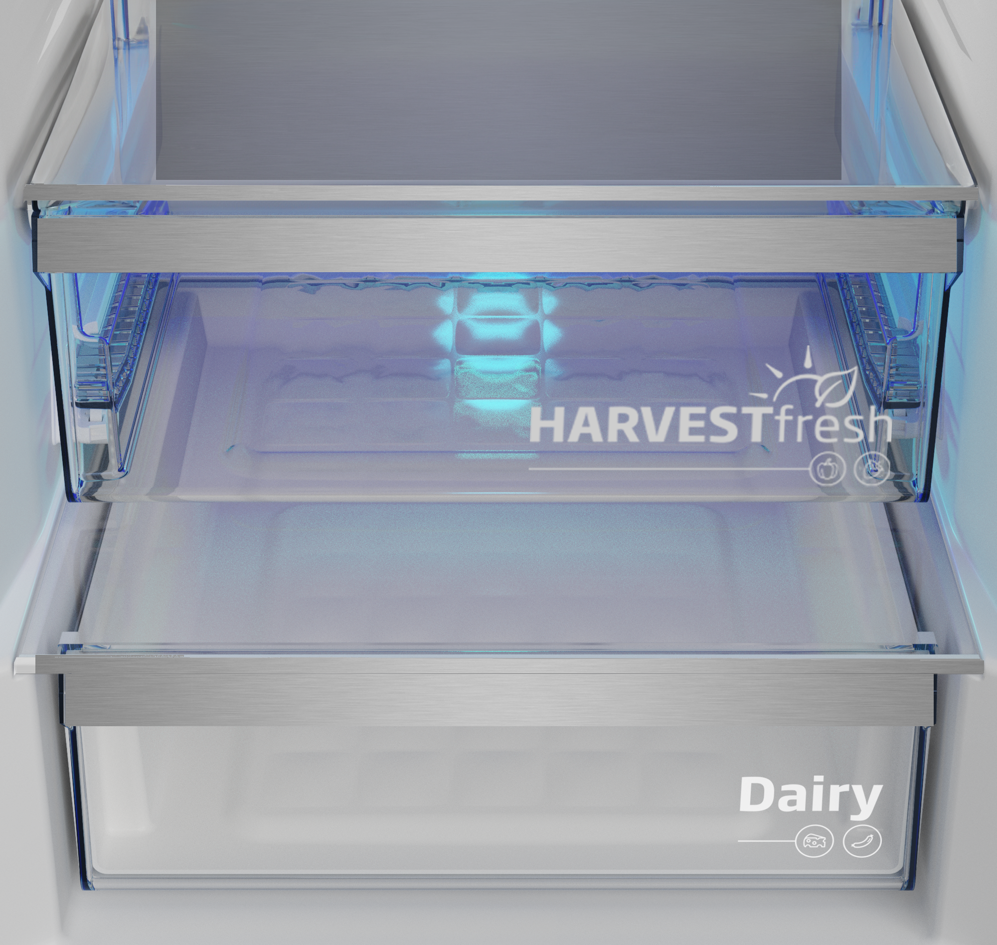 Pusta lodówka z szufladą HarvestFresh i szufladą na nabiał.