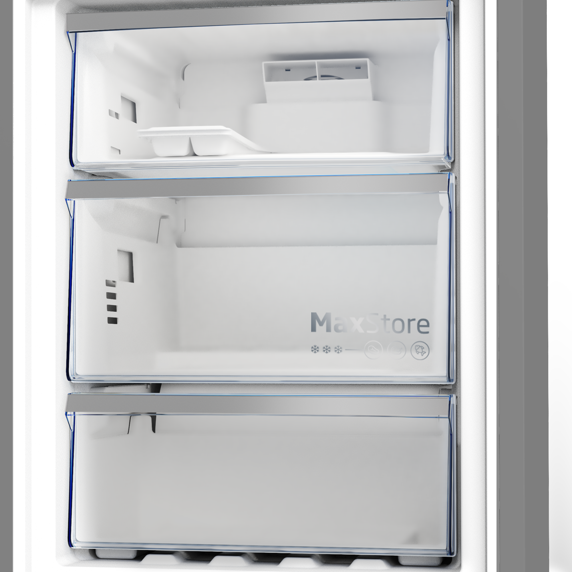 Pusta lodówka z trzema przezroczystymi szufladami. Górna szuflada zawiera białą formę.