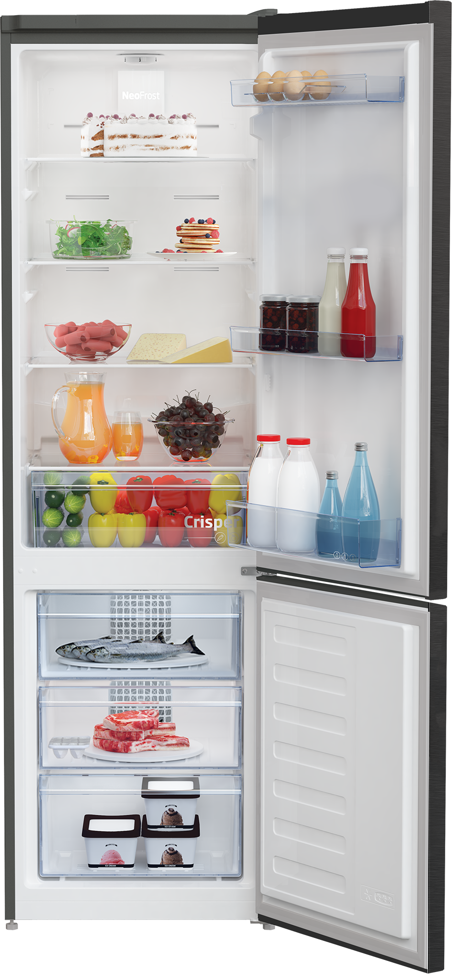 Lodówka wypełniona ciastem, jajkami, owocami, warzywami, mięsem, rybami i lodami.