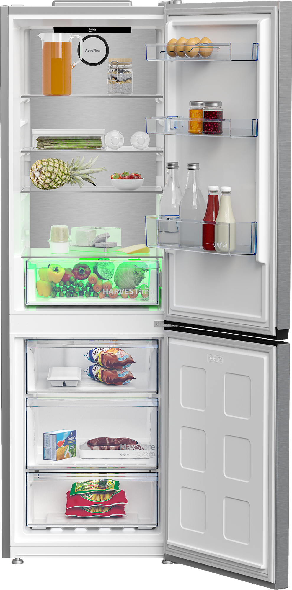 Otwarta lodówka z artykułami spożywczymi i szufladami.