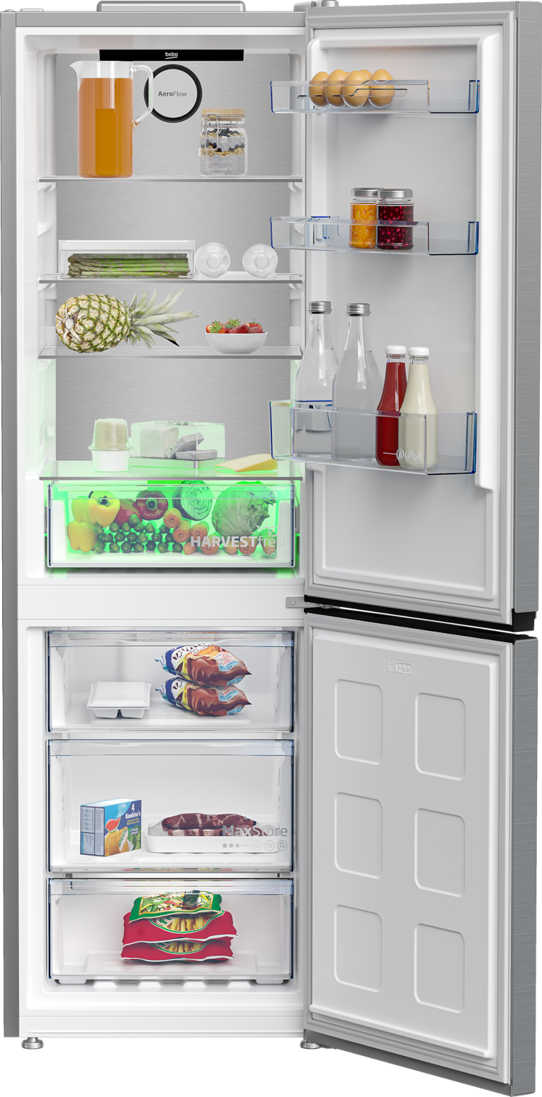 Otwarta lodówka wypełniona rzeczami, takimi jak sok, jajka, owoce, warzywa i mięso.