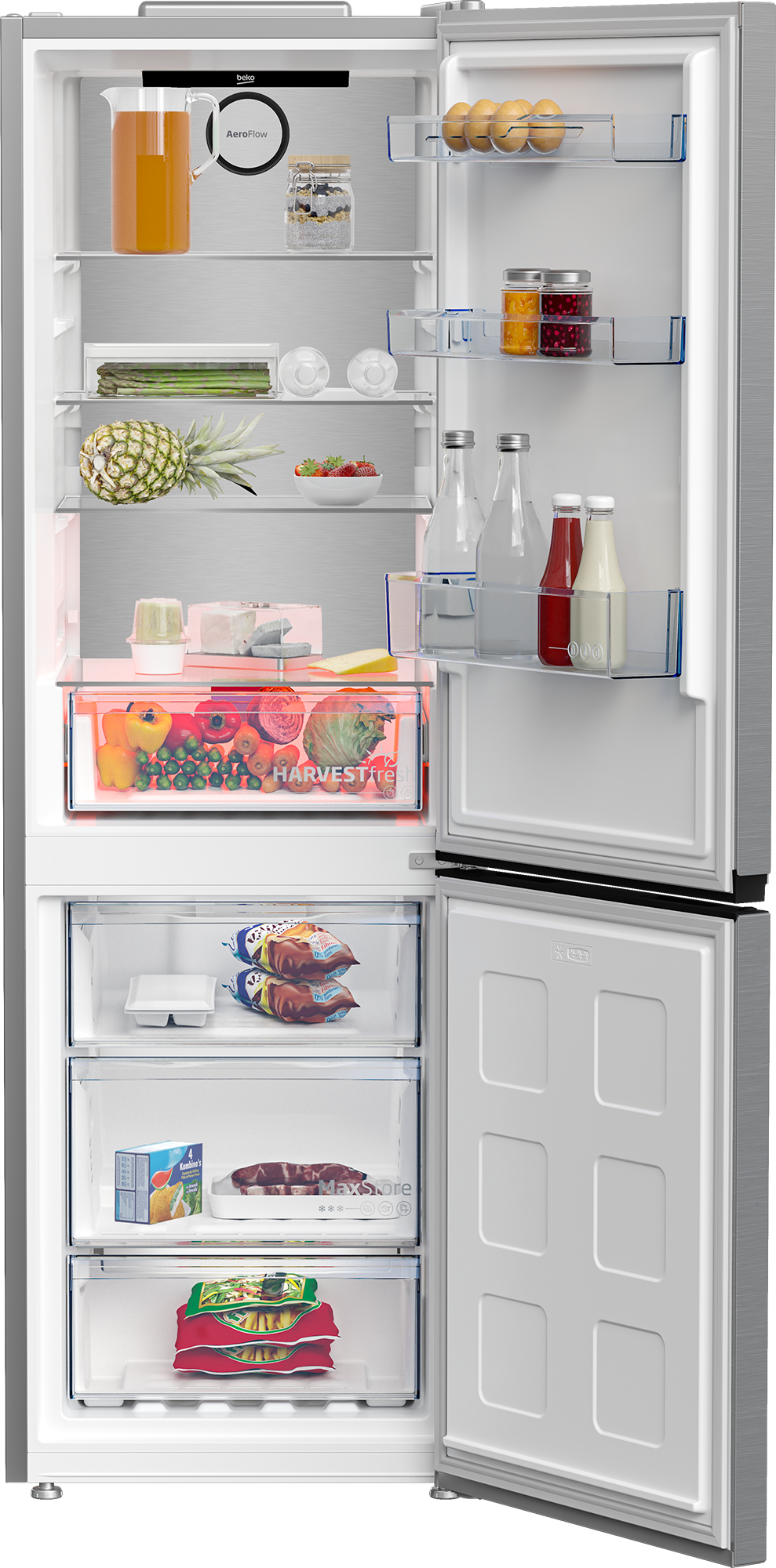 Otwarta lodówka wypełniona jedzeniem na wielu półkach i szufladach.