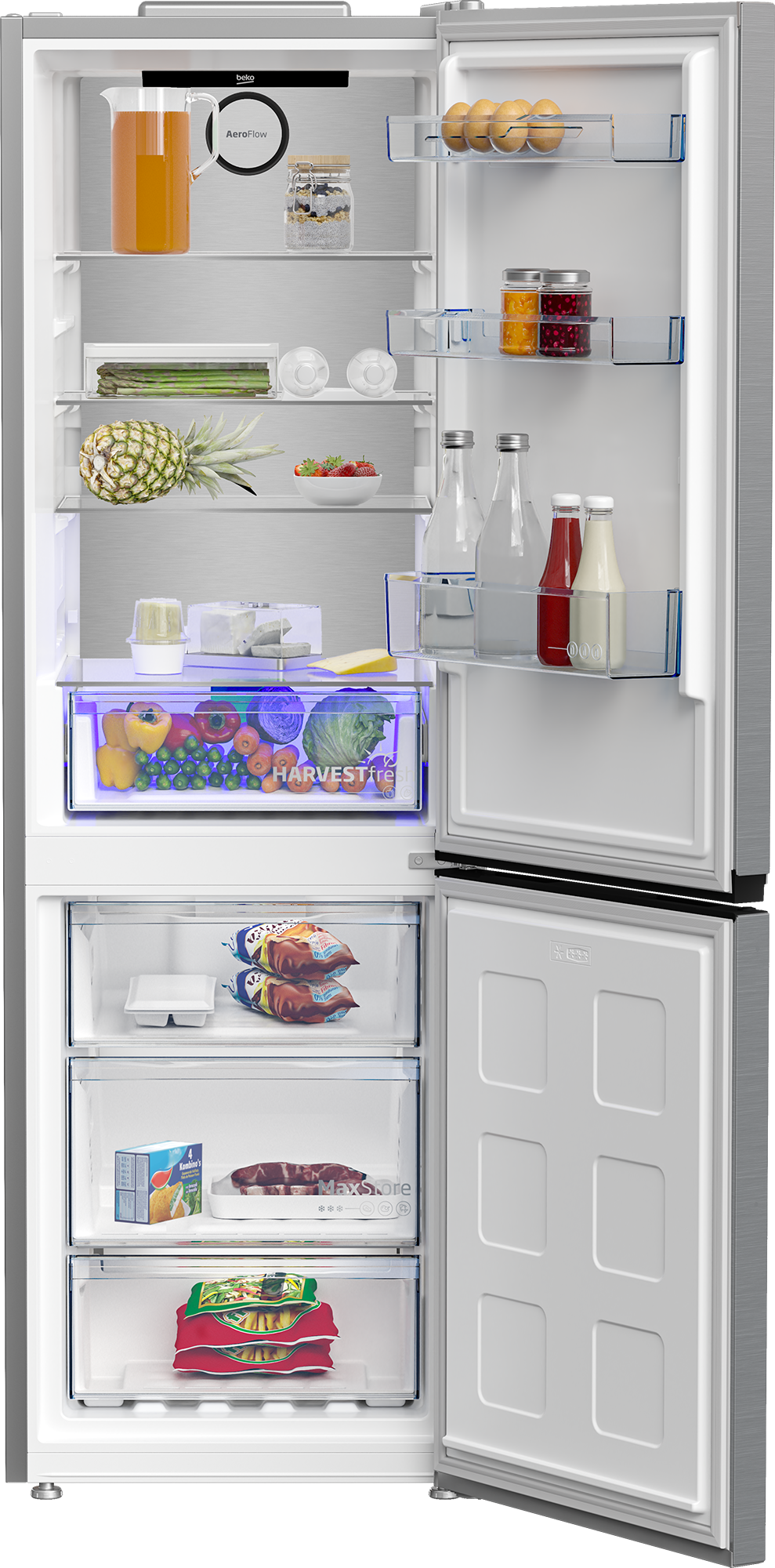 Otwarta lodówka z owocami, warzywami, jajkami i napojami.