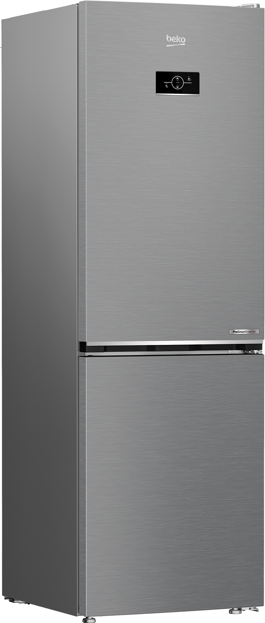 Srebrna lodówka Beko z cyfrowym wyświetlaczem na górze.
