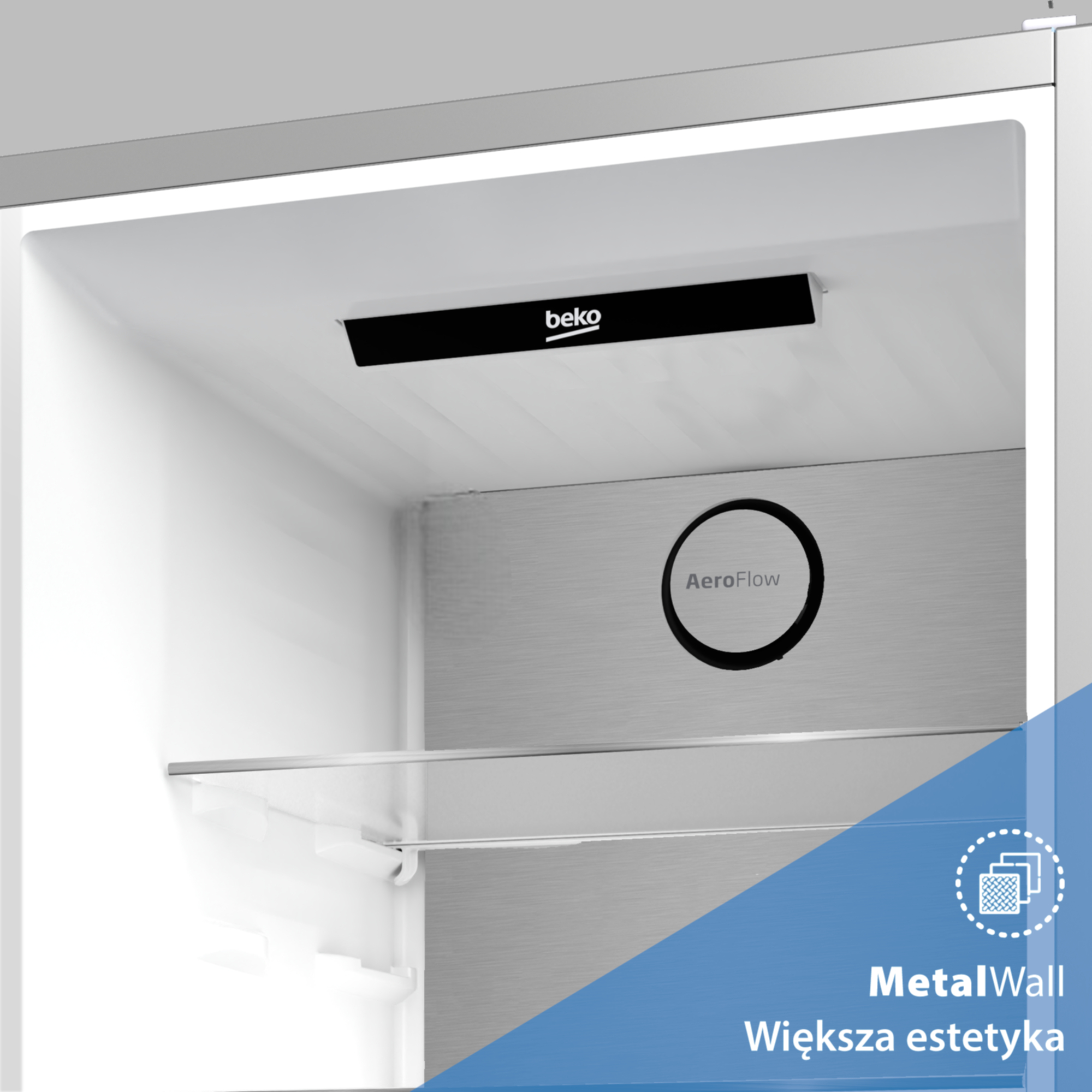 Wnętrze lodówki z technologią AeroFlow i logo Beko.