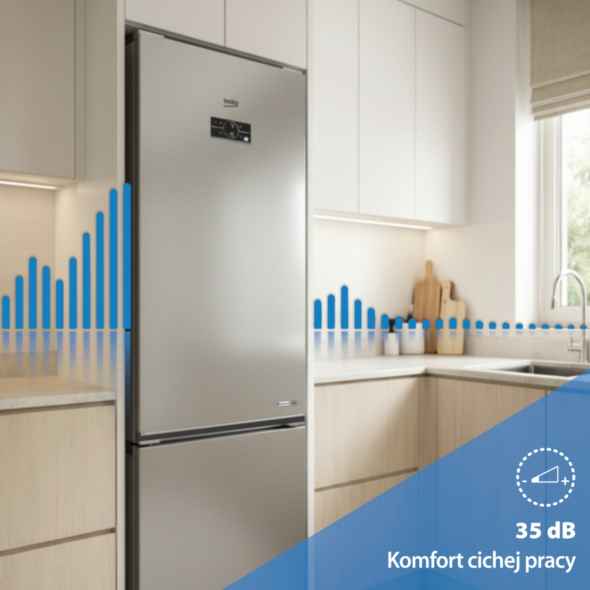 Nowoczesna lodówka w kuchni, z ikoną poziomu głośności i 35 dB.