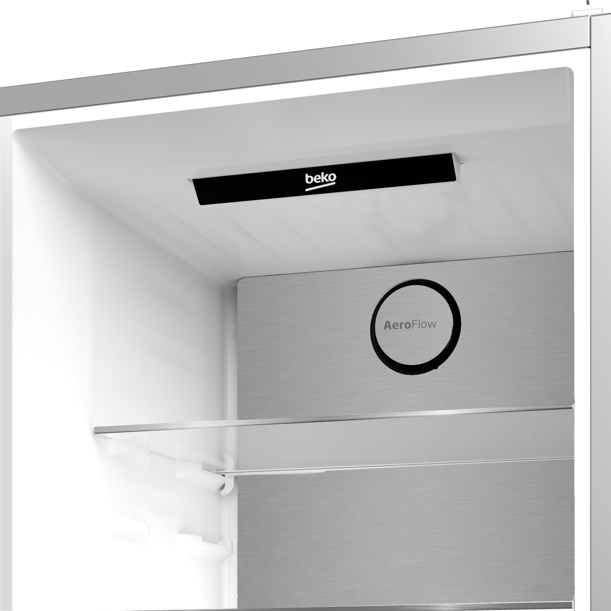Puste wnętrze lodówki z logo Beko i napisem Aeroflow.