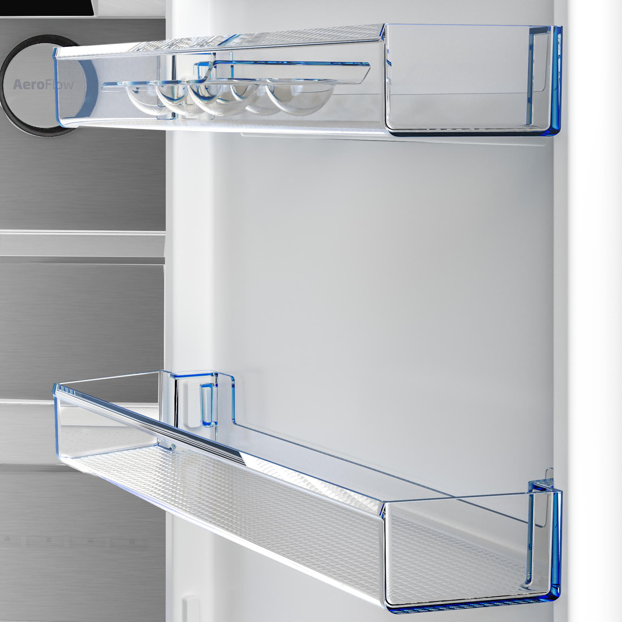 Półka lodówki z uchwytem na jajka i pokrywą zamrażarki.