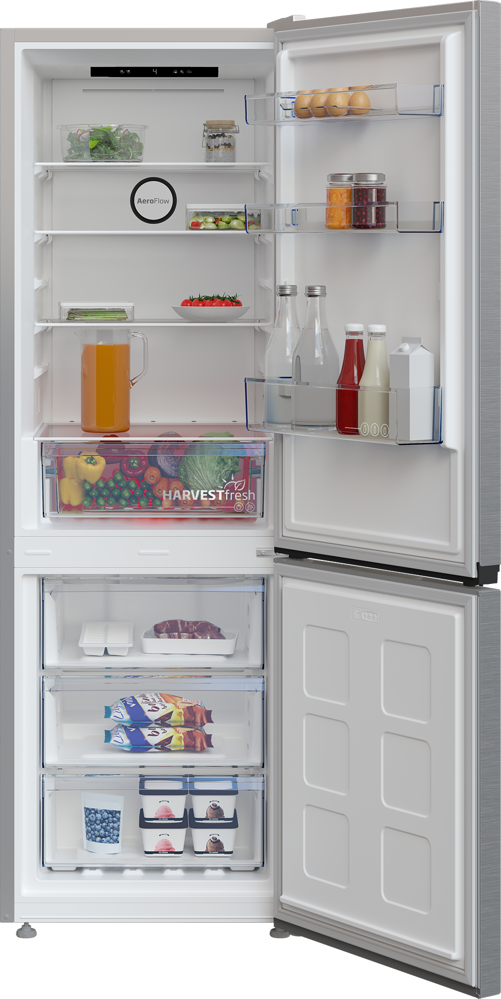 Wnętrze lodówki z jajkami, słoikami, sokiem, warzywami, mięsem i lodami.