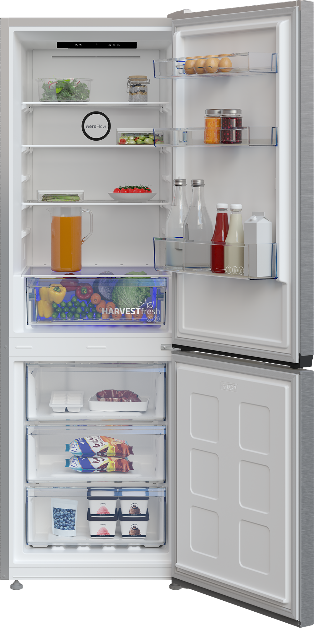 Otwarta lodówka z jedzeniem: warzywa, owoce, jajka, napoje, mięso i lody.