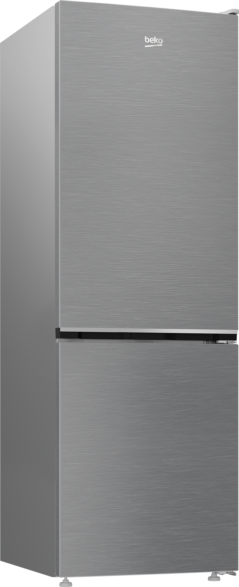 Srebrna lodówka Beko z szczotkowanym metalowym wykończeniem i dwojgiem drzwi.