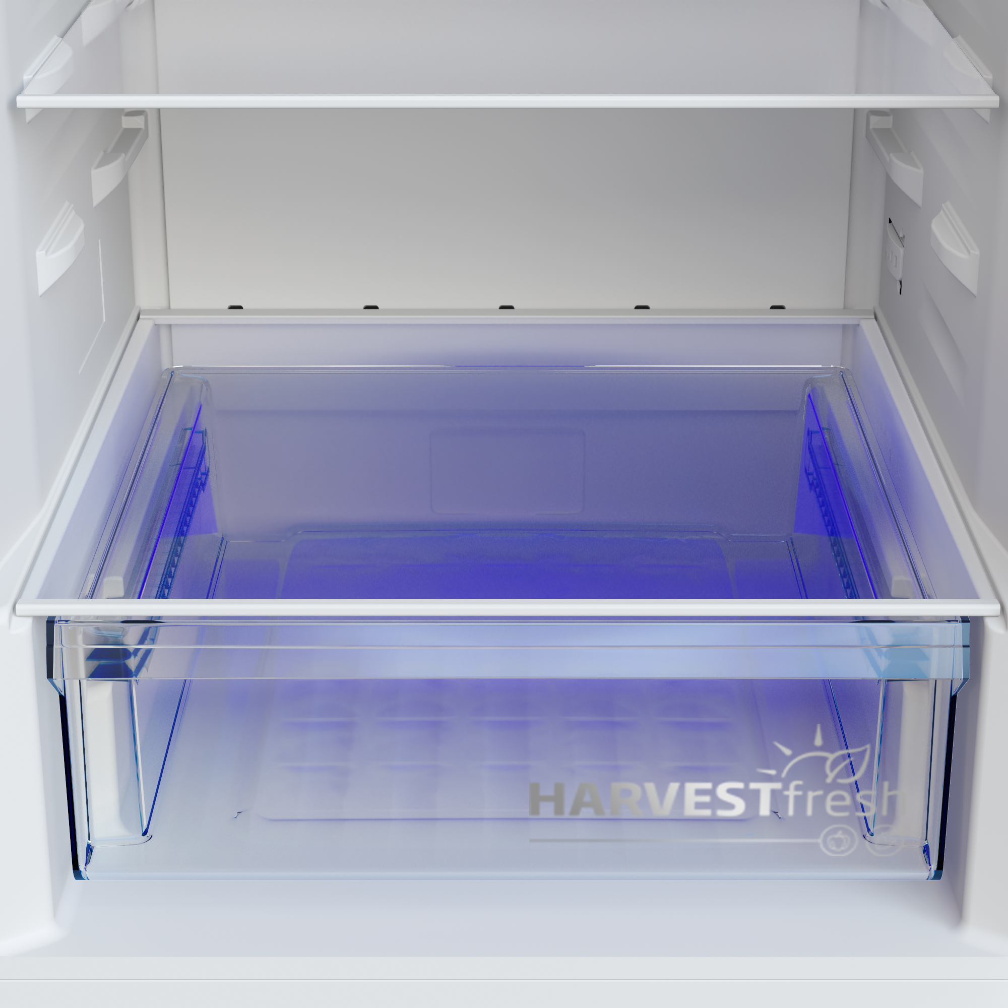 Pusta szuflada lodówki z niebieskim światłem i logo "HarvestFresh".
