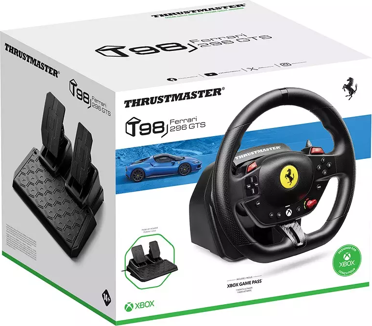 Thrustmaster Ferrari Rennlenkrad mit Pedalen, Xbox-kompatibel, auf weißer Box abgebildet.
