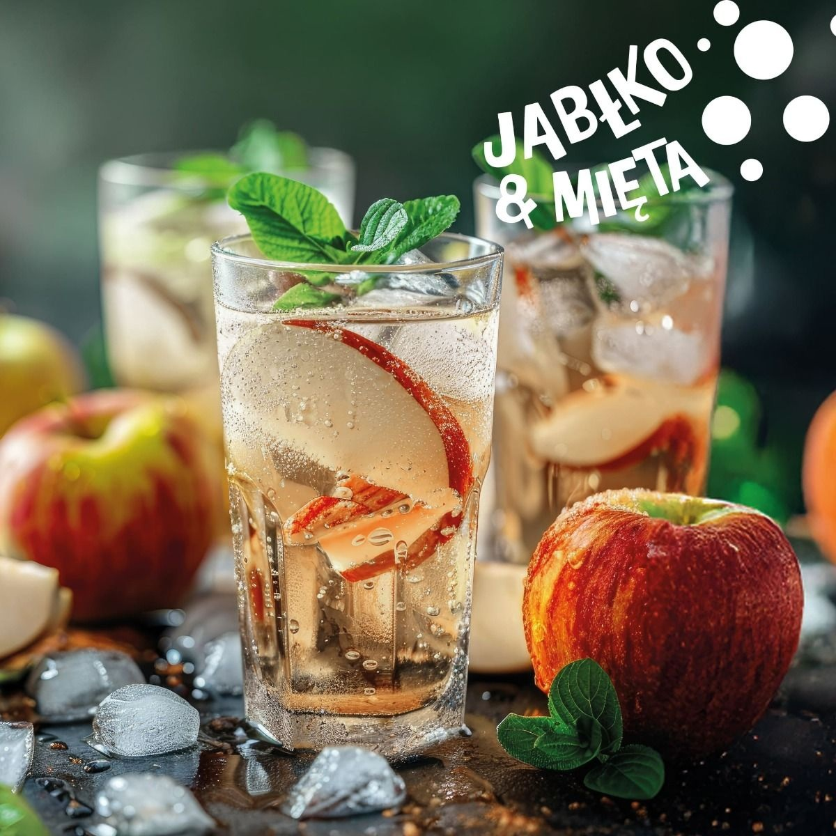 Napój jabłkowo-miętowy z kostkami lodu i plasterkami jabłka w szklankach.