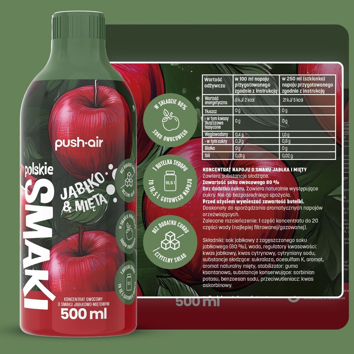 Butelka koncentratu jabłkowo-miętowego z danymi odżywczymi i składnikami.