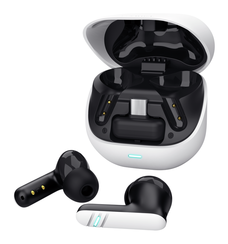 Otwarta biała obudowa ze słuchawkami i portem ładowania.