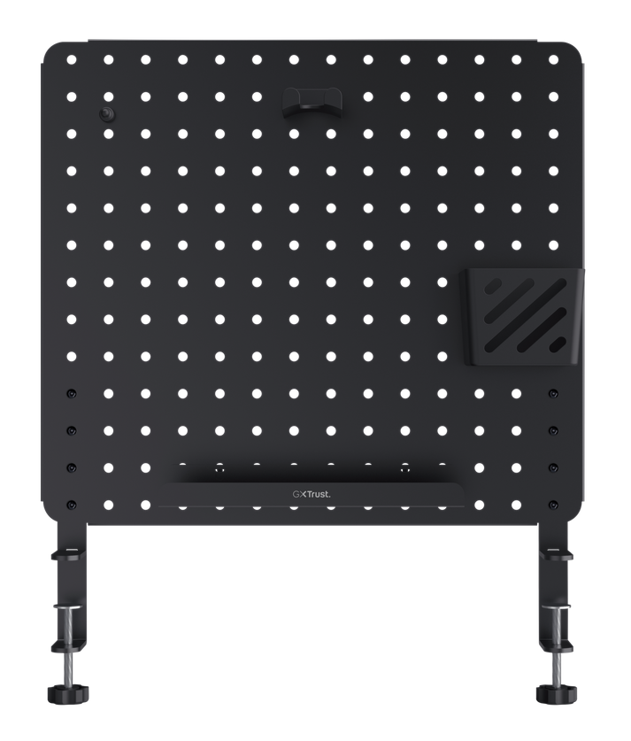 Czarny panel z pegboardem, uchwytem i zaciskami.