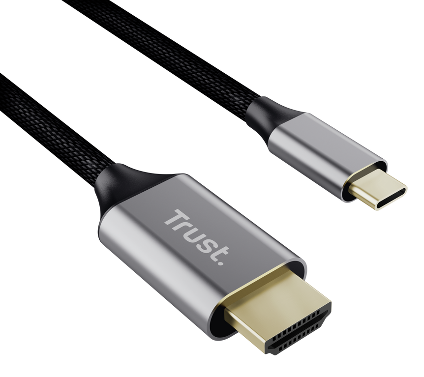 Czarny kabel HDMI do USB-C ze srebrnymi złączami na czarnym tle.