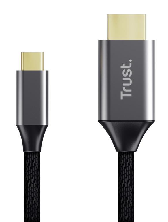 Dwa kable HDMI z różnymi złączami, jeden USB-C i jeden standardowy HDMI.