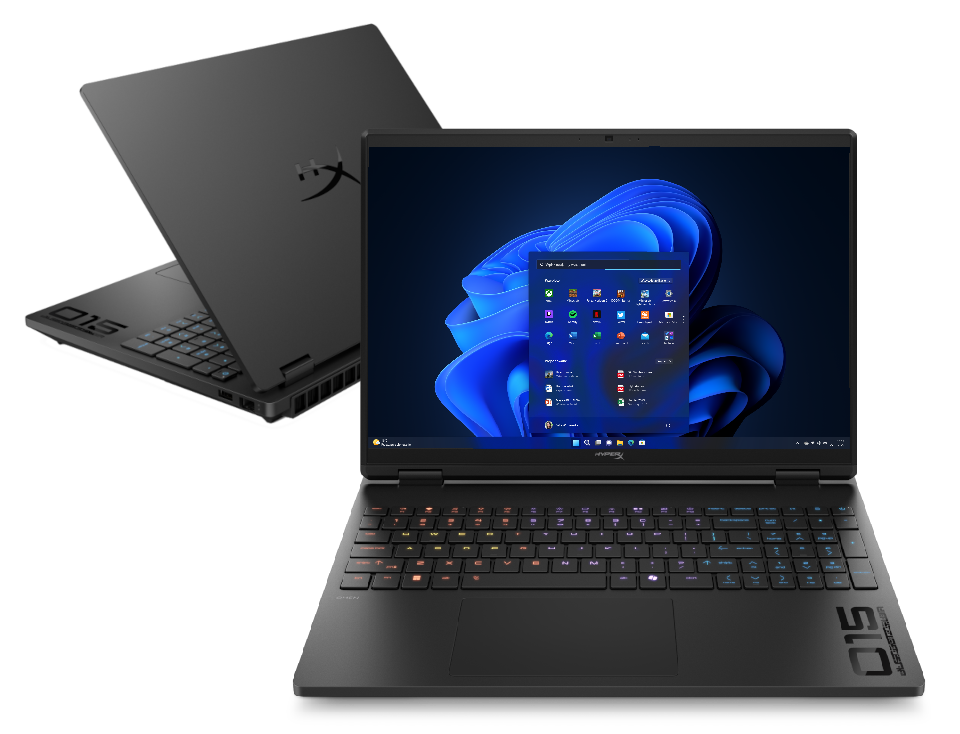 Czarny laptop z podświetlaną klawiaturą, logo HyperX i menu Start Windows 11.