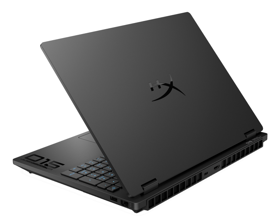 Czarny laptop z niebieskimi podświetlanymi klawiszami i logo HyperX.