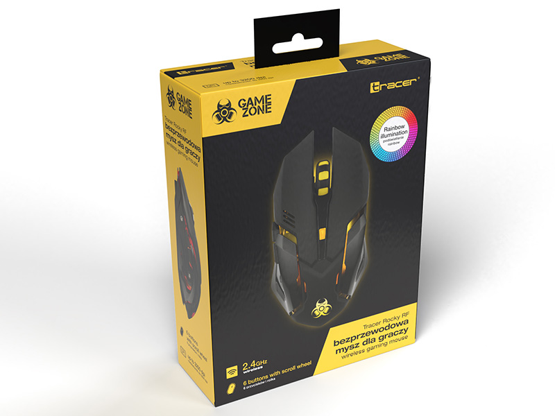 Opakowanie czarno-żółtej myszy gamingowej z podświetleniem tęczowym.