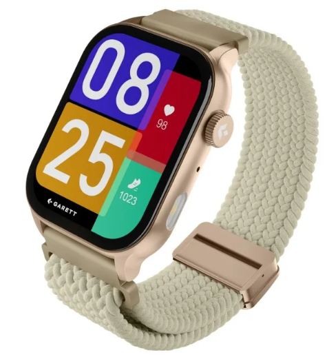 Złoty smartwatch z jasną plecioną bransoletą, wyświetla 08:25 i tętno.