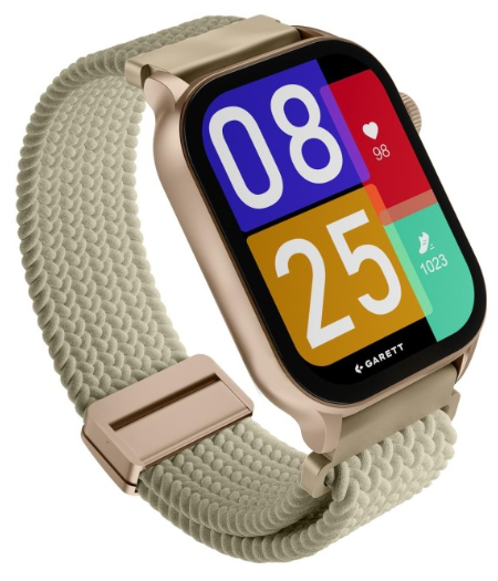 Stylowy smartwatch z jasną opaską i kolorowym wyświetlaczem pokazuje 08:25.