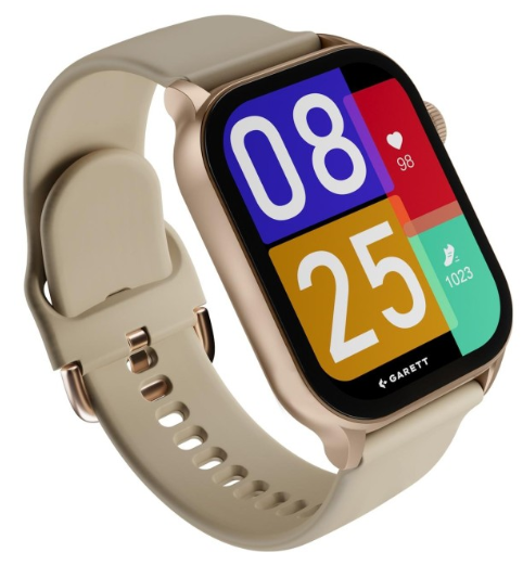 Złoty smartwatch z beżowym paskiem i kolorowym wyświetlaczem cyfrowym.