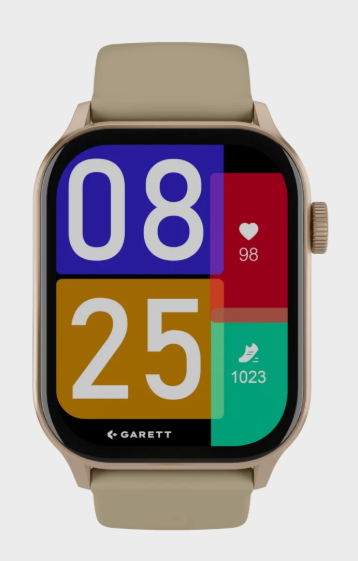 Złoty smartwatch wyświetla 08, 25, tętno 98 i 1023 kroki.