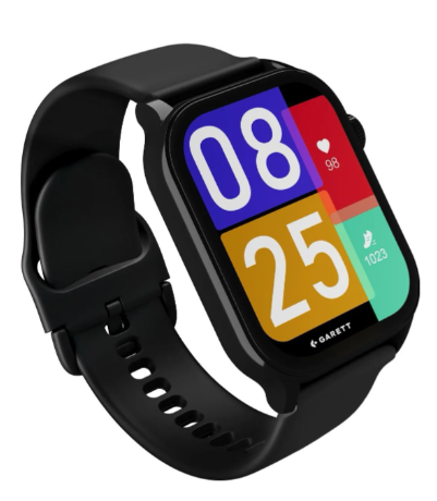 Czarny smartwatch z kolorowym wyświetlaczem pokazującym 08 i 25.